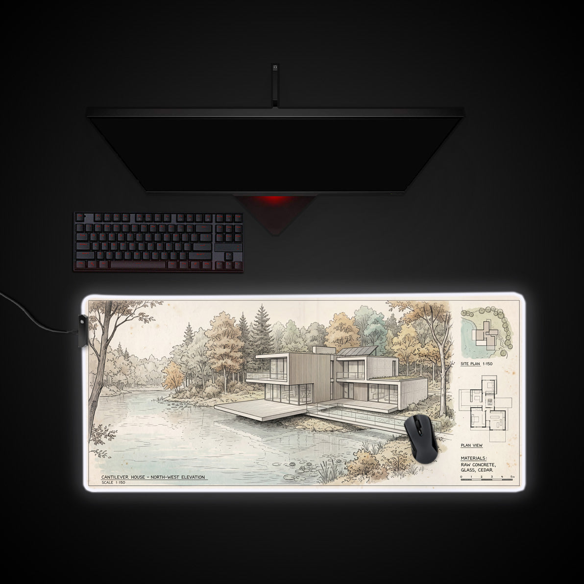 Cantilever House desk mat with RGB edge lighting