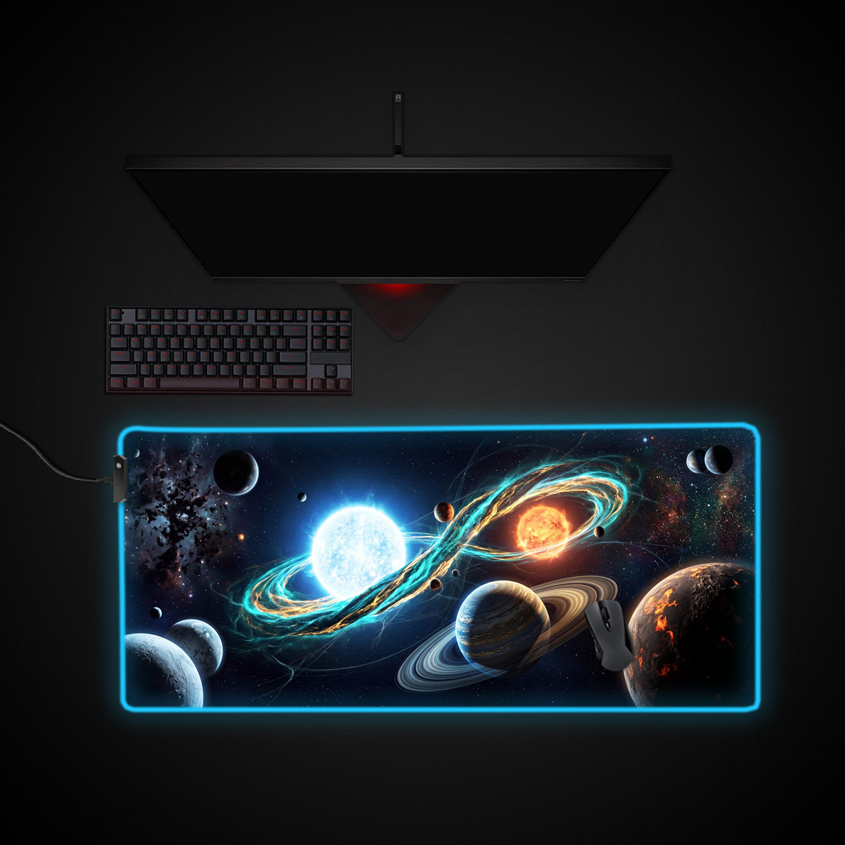 Cosmic Infinity desk mat with RGB edge lighting