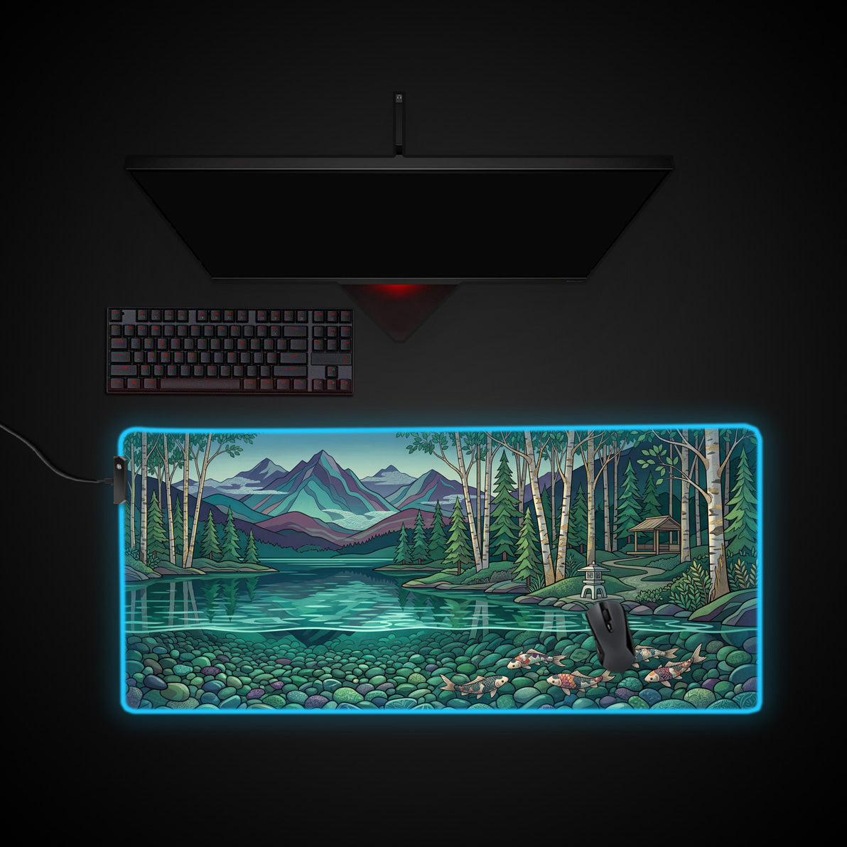 Tranquil Koi Lake desk mat with RGB edge lighting