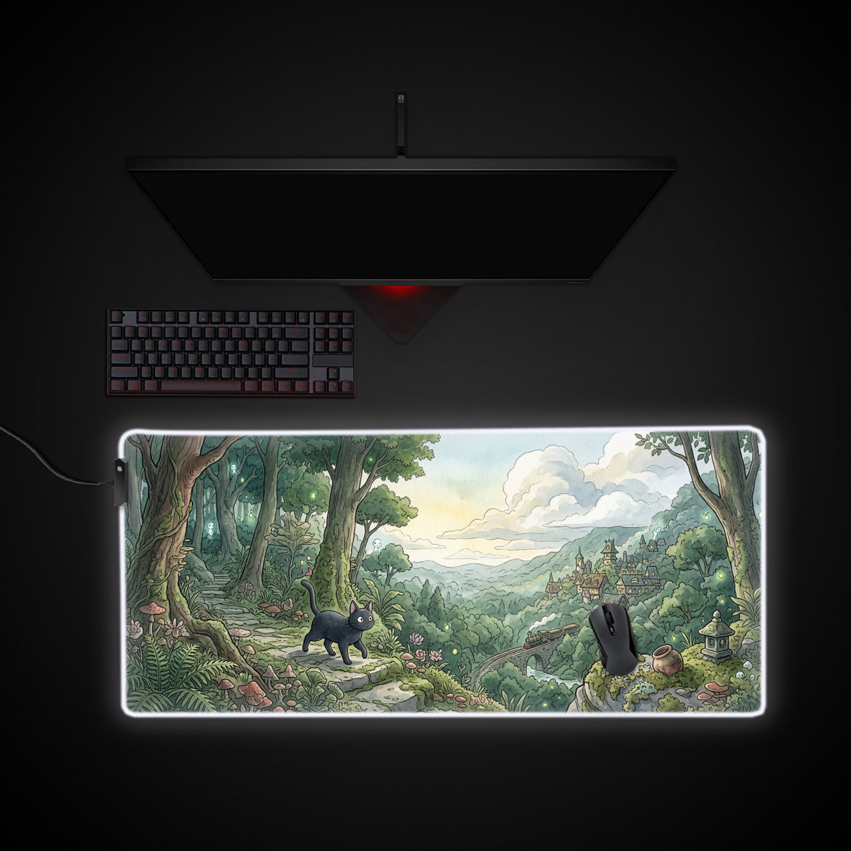 Enchanted Forest Cat desk mat with RGB edge lighting