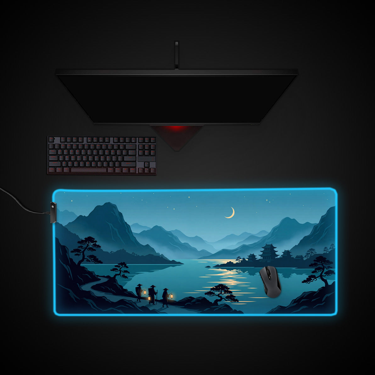 Moonlit River Path desk mat with RGB edge lighting