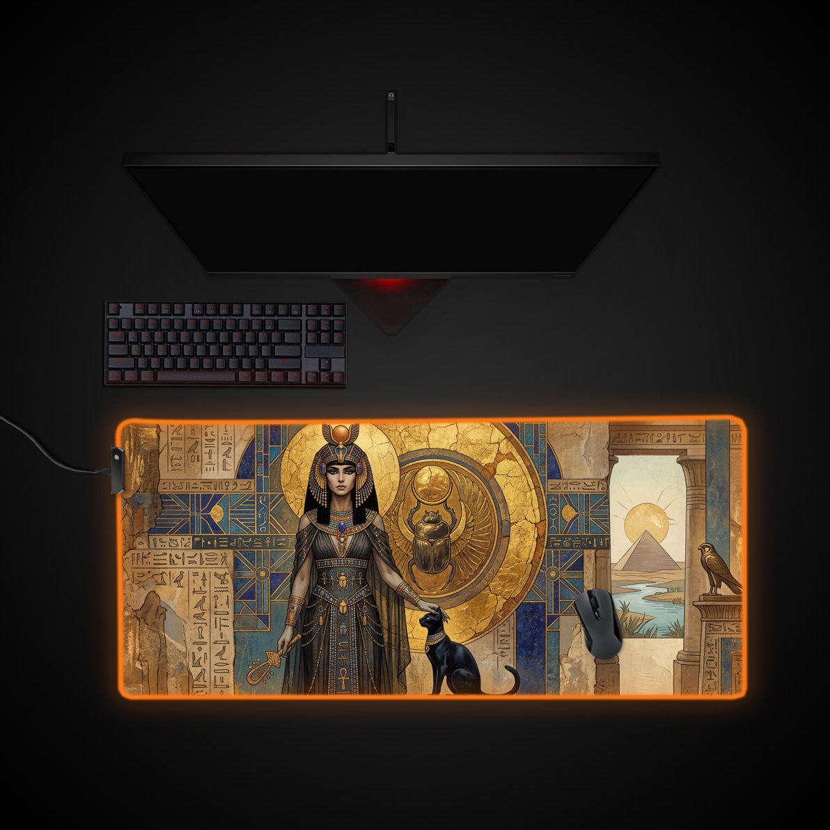 Egyptian Goddess desk mat with RGB edge lighting