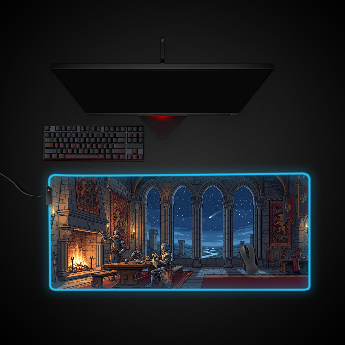 Pixel Knight Hall desk mat with RGB edge lighting
