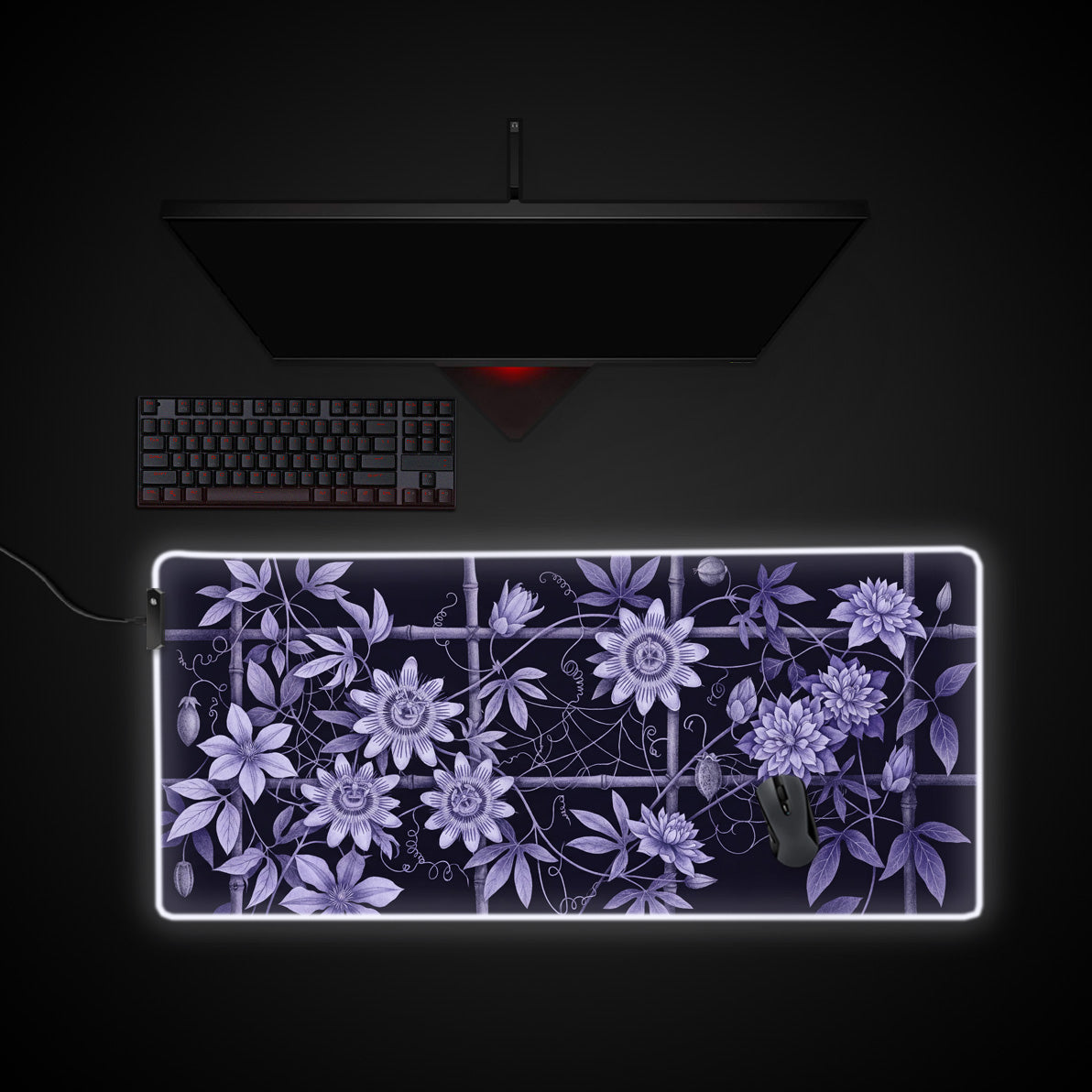 Midnight Passionflower desk mat with RGB edge lighting