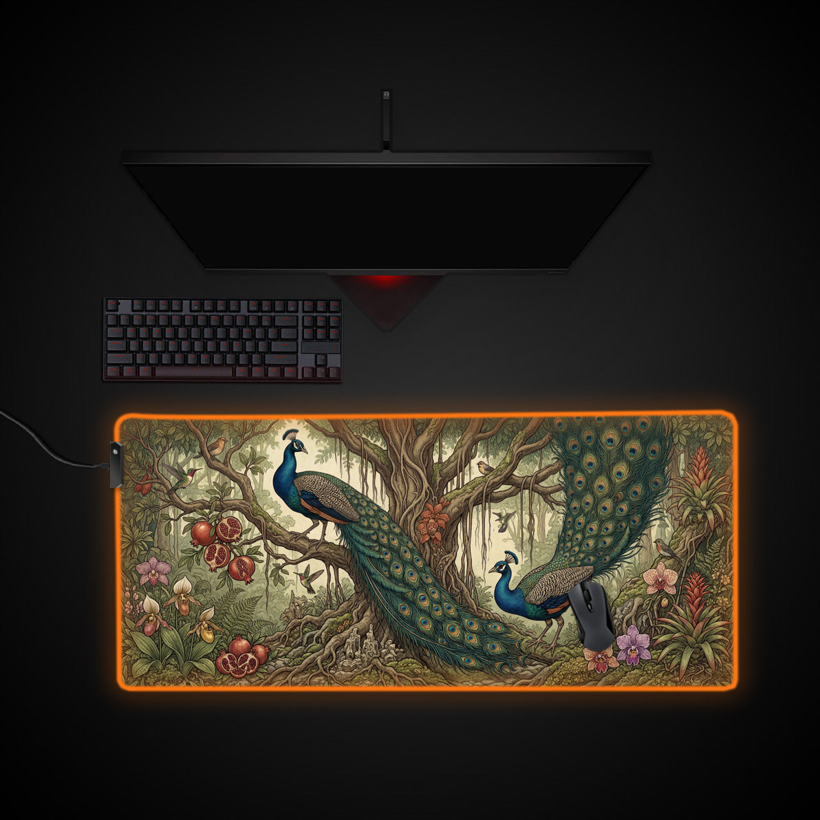 Peacock Garden desk mat with RGB edge lighting