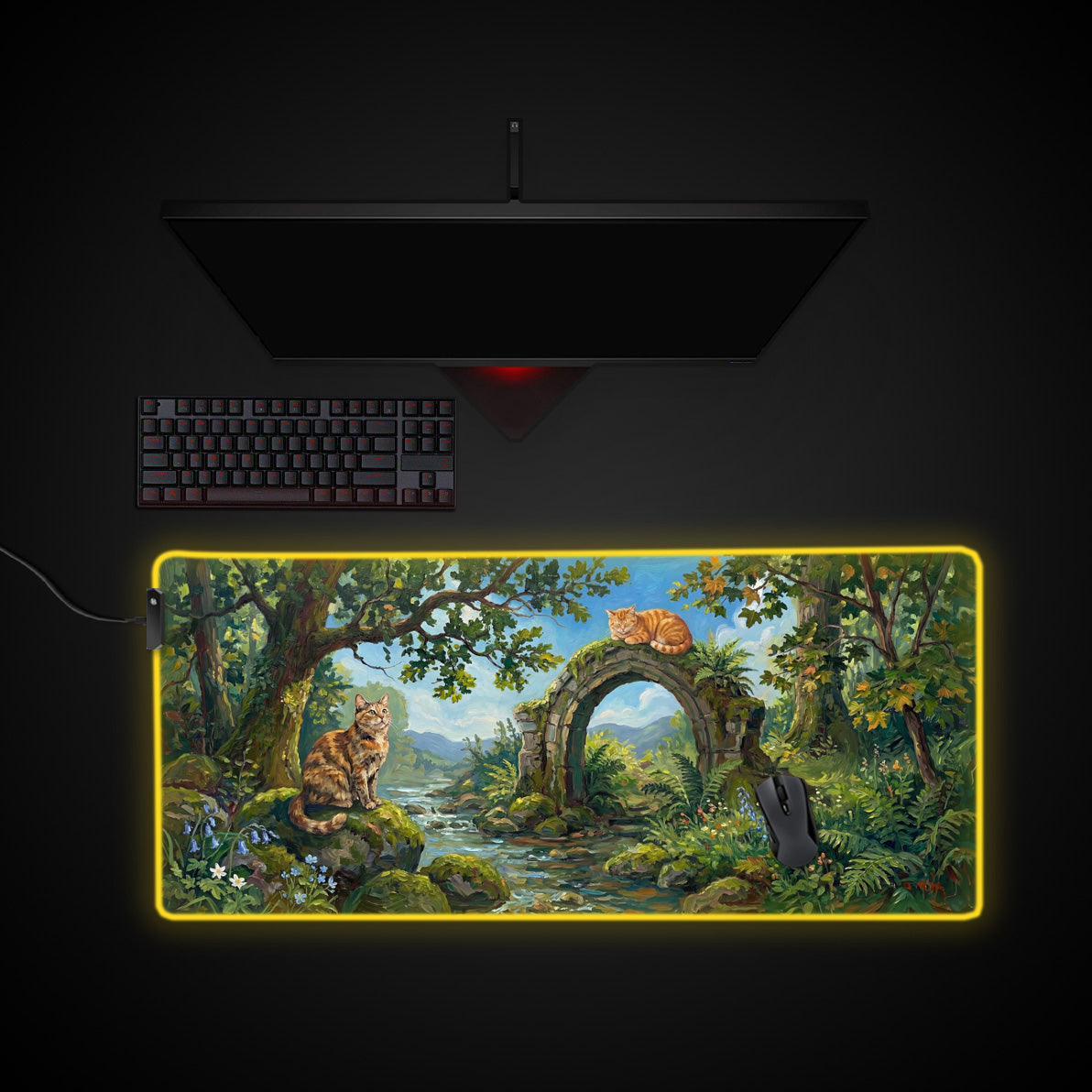 Feline Forest Sanctuary desk mat with RGB edge lighting