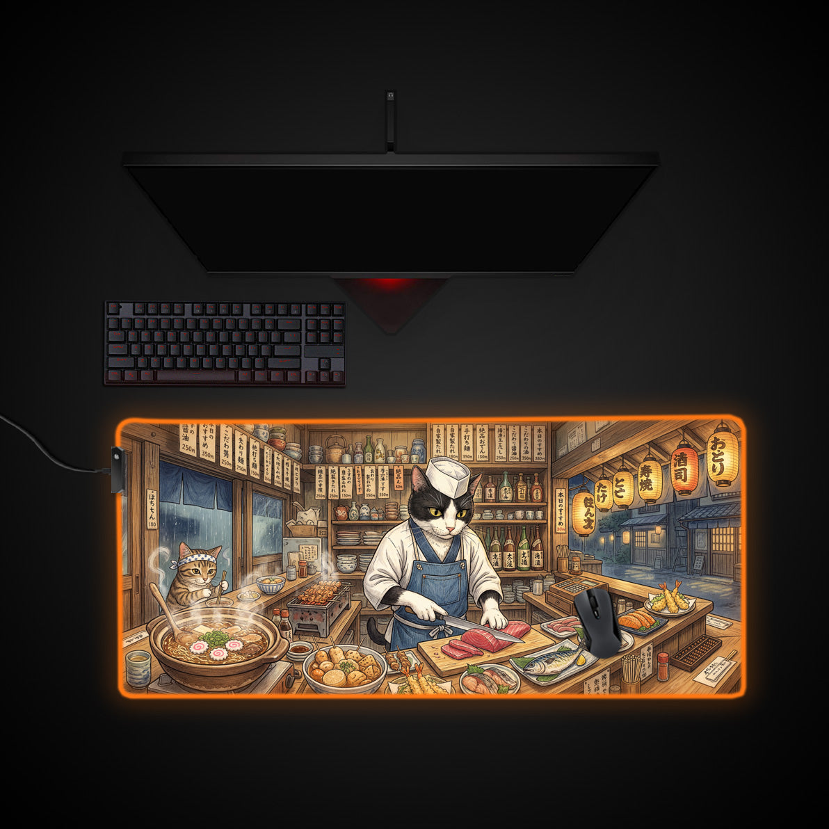 Feline Izakaya desk mat with RGB edge lighting