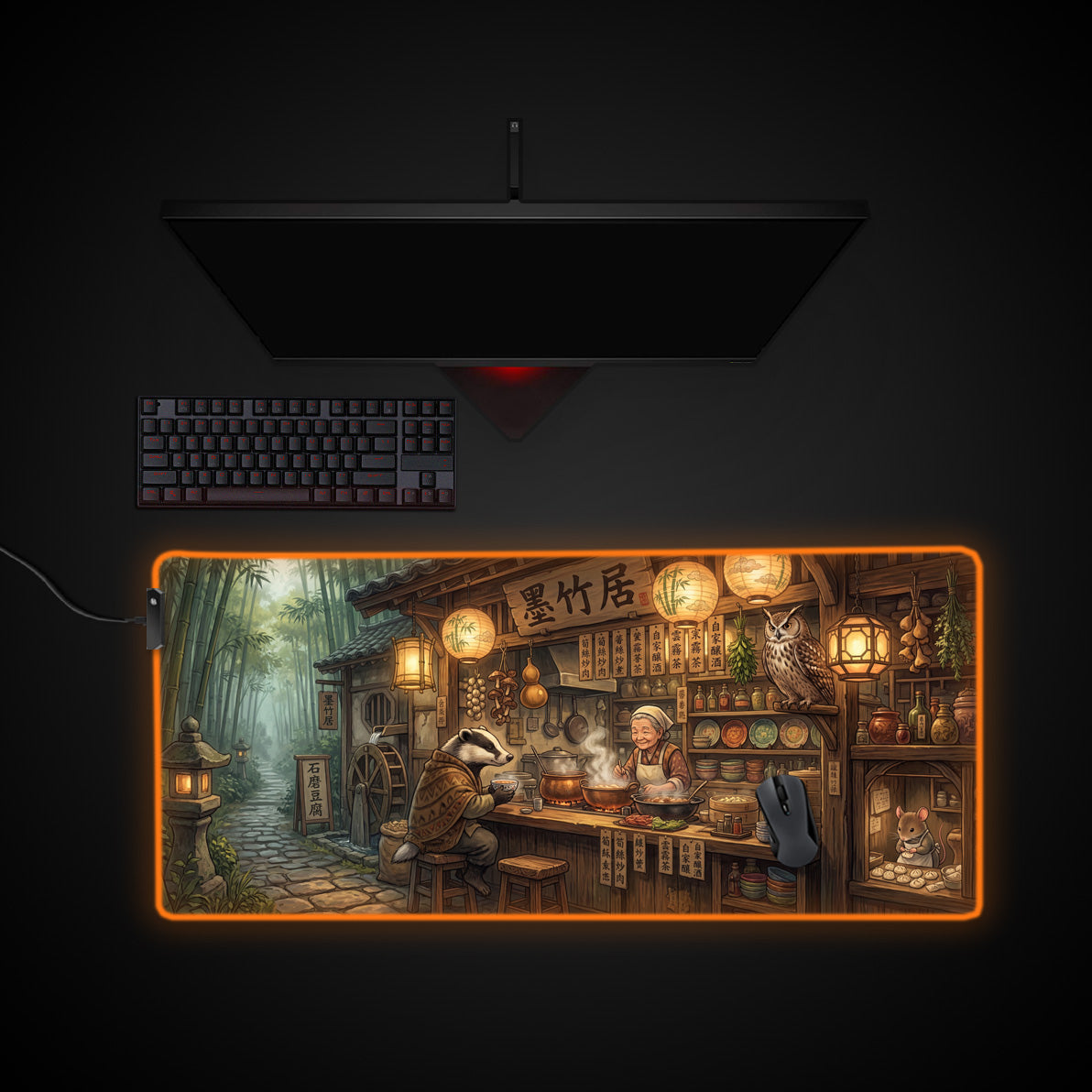 Bamboo Tavern desk mat with RGB edge lighting