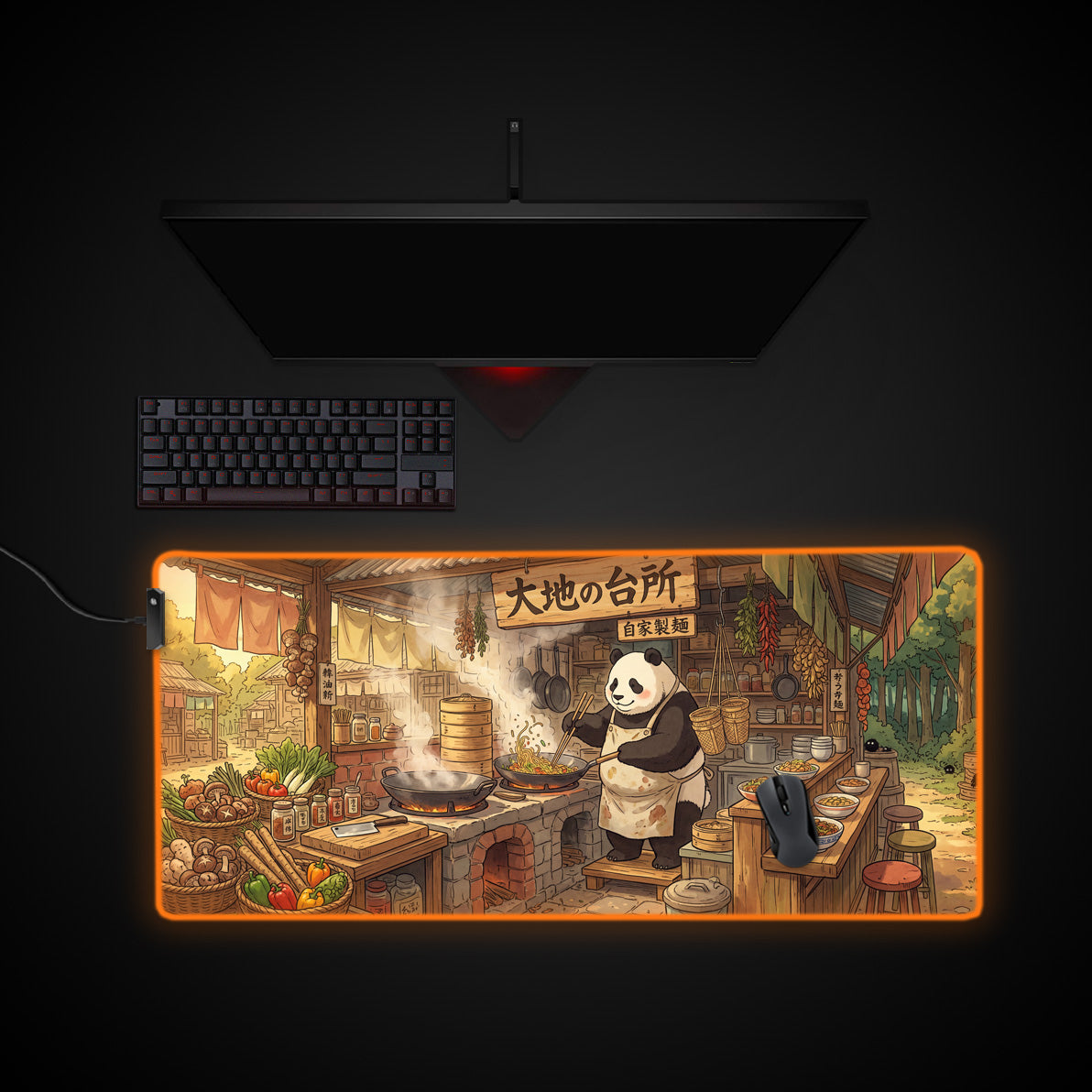 Panda Chef desk mat with RGB edge lighting