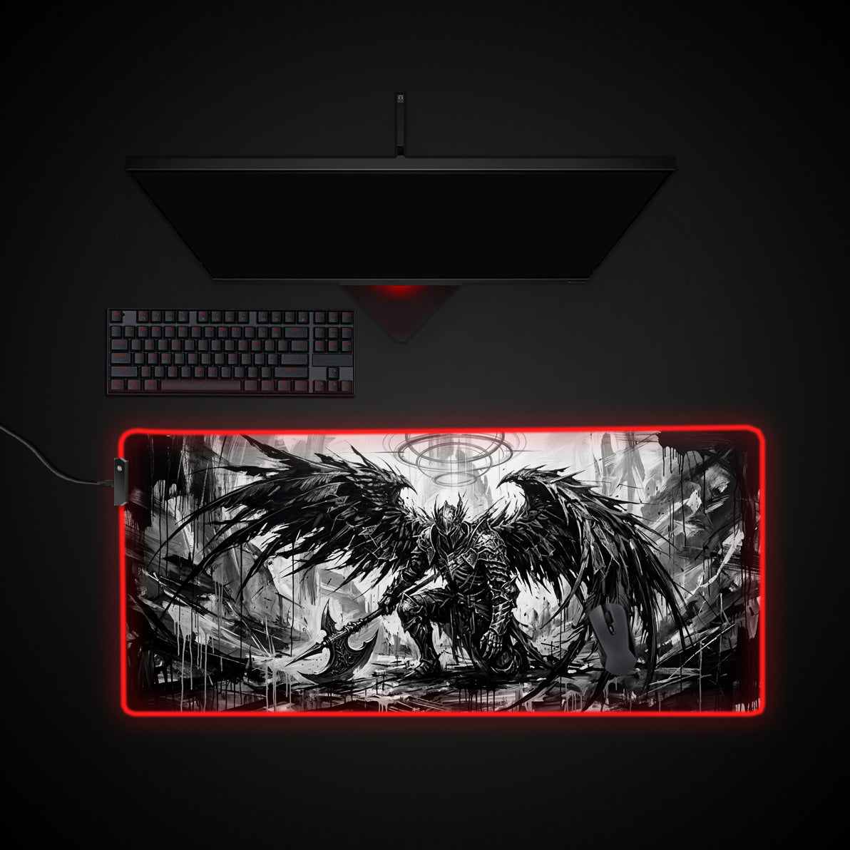 Fallen Archangel desk mat with RGB edge lighting
