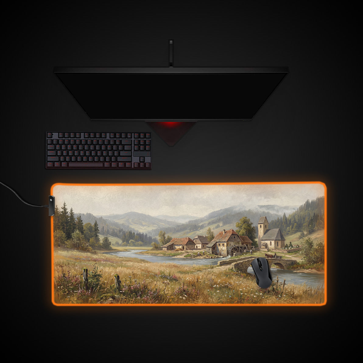 Pastoral Village desk mat with RGB edge lighting