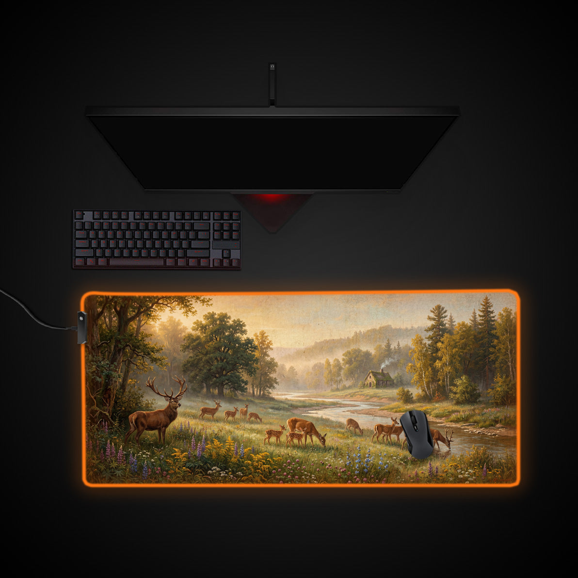 Pastoral Deer desk mat with RGB edge lighting