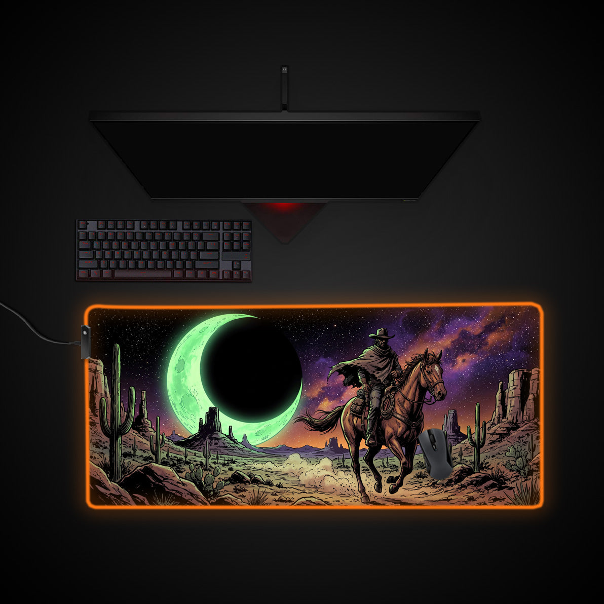 Cosmic Cowboy desk mat with RGB edge lighting