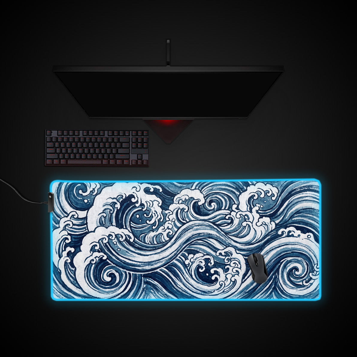 Indigo Waves desk mat with RGB edge lighting