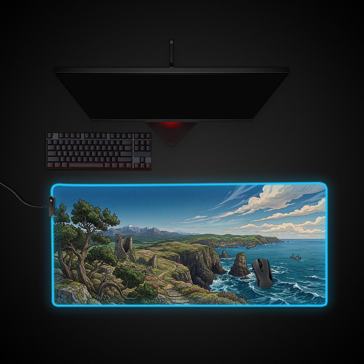 Coastal Ruins desk mat with RGB edge lighting