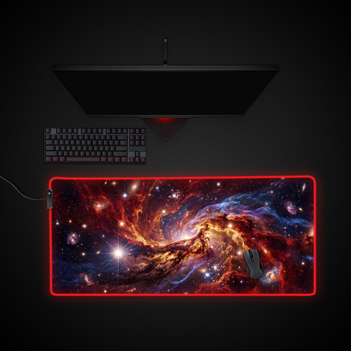 Vibrant Nebula desk mat with RGB edge lighting