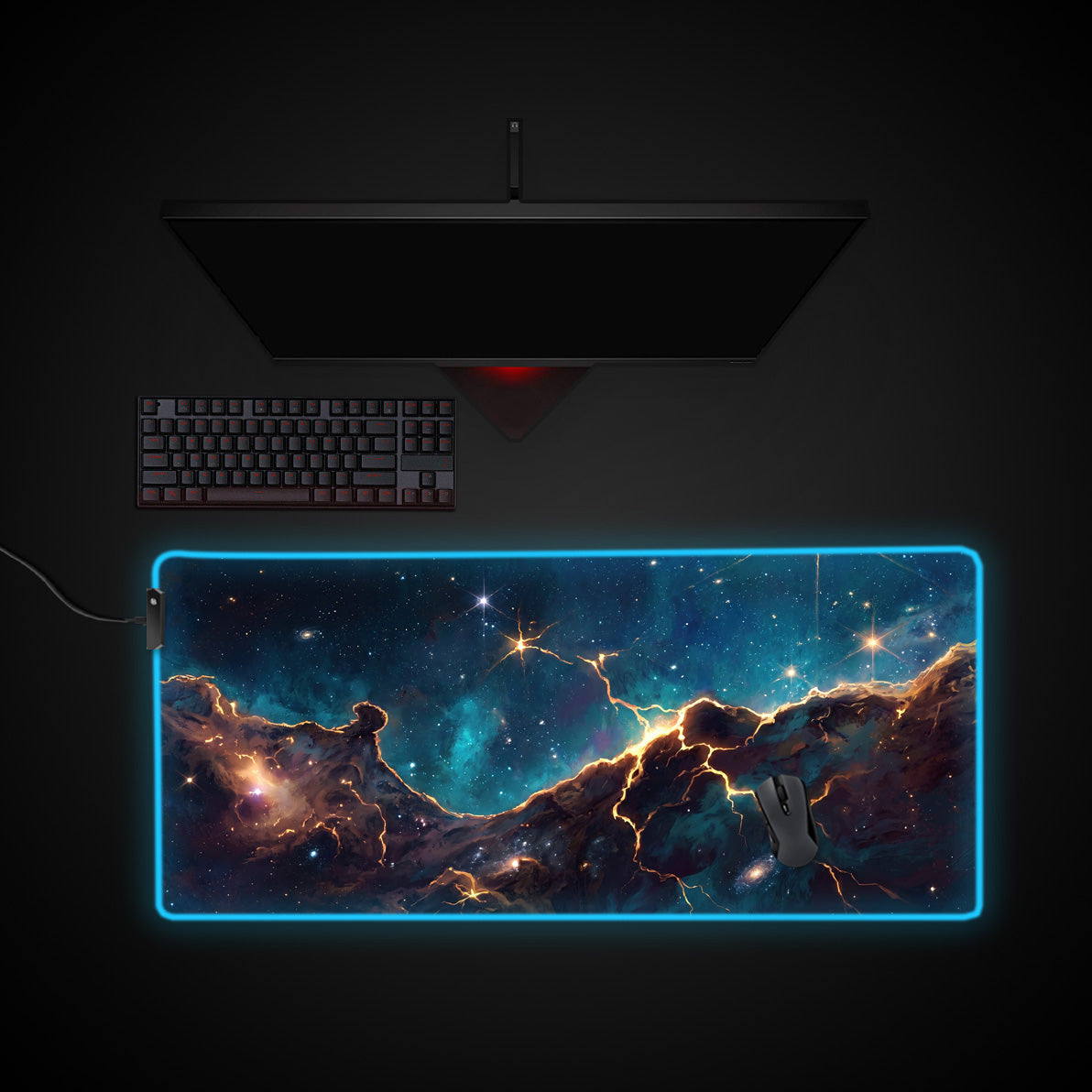 Cosmic Rift desk mat with RGB edge lighting