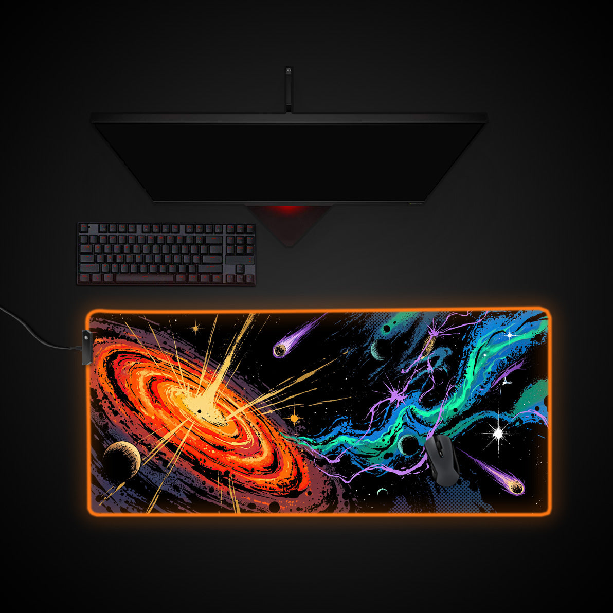 Cosmic Quasar desk mat with RGB edge lighting