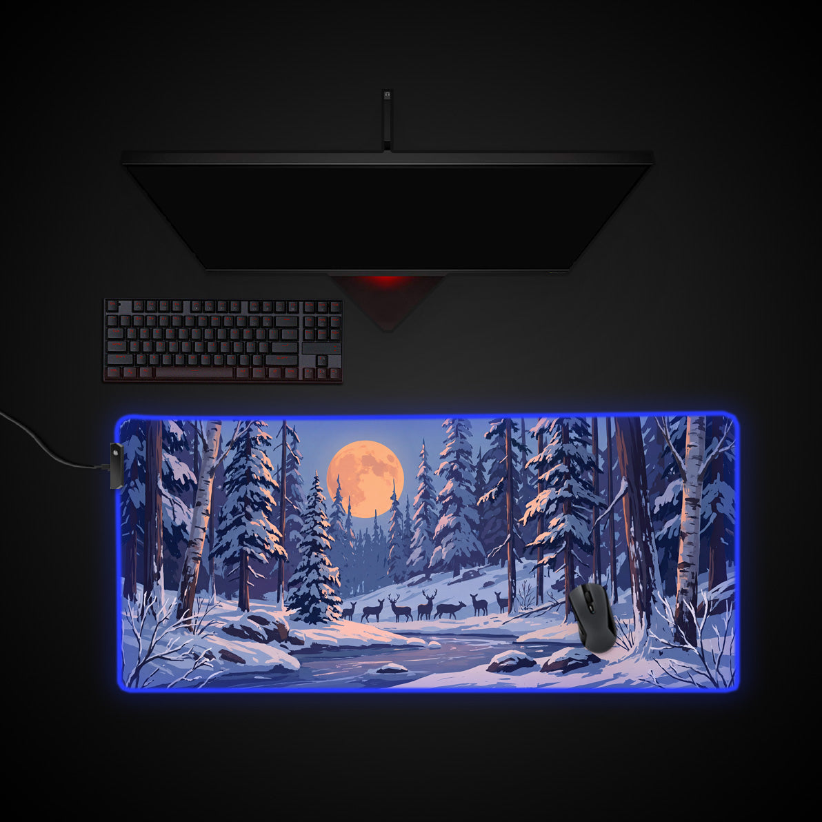Winter Moon Forest desk mat with RGB edge lighting