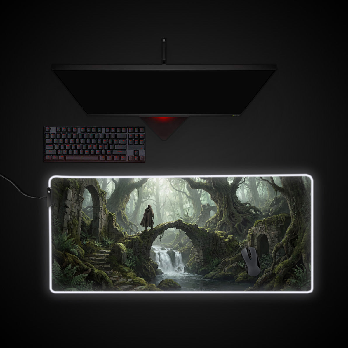 Ancient Forest Ruins desk mat with RGB edge lighting