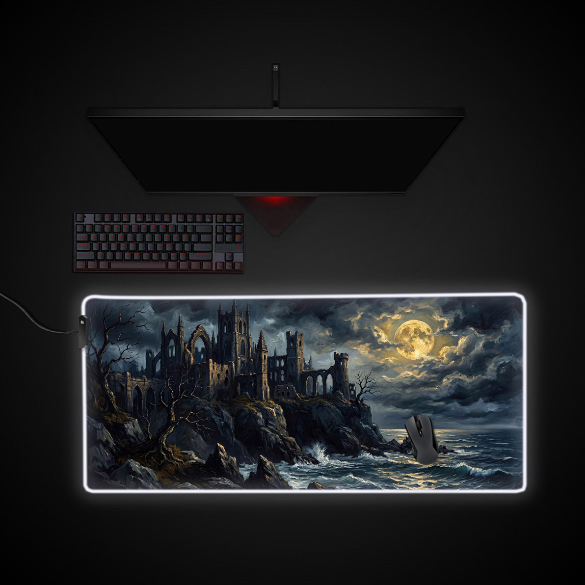 Moonlit Ruins desk mat with RGB edge lighting