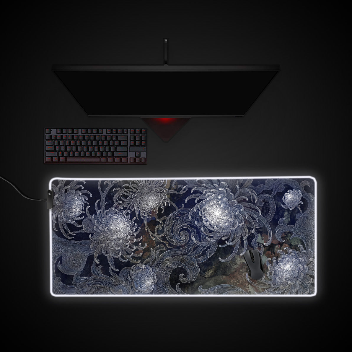 Midnight Chrysanthemum desk mat with RGB edge lighting