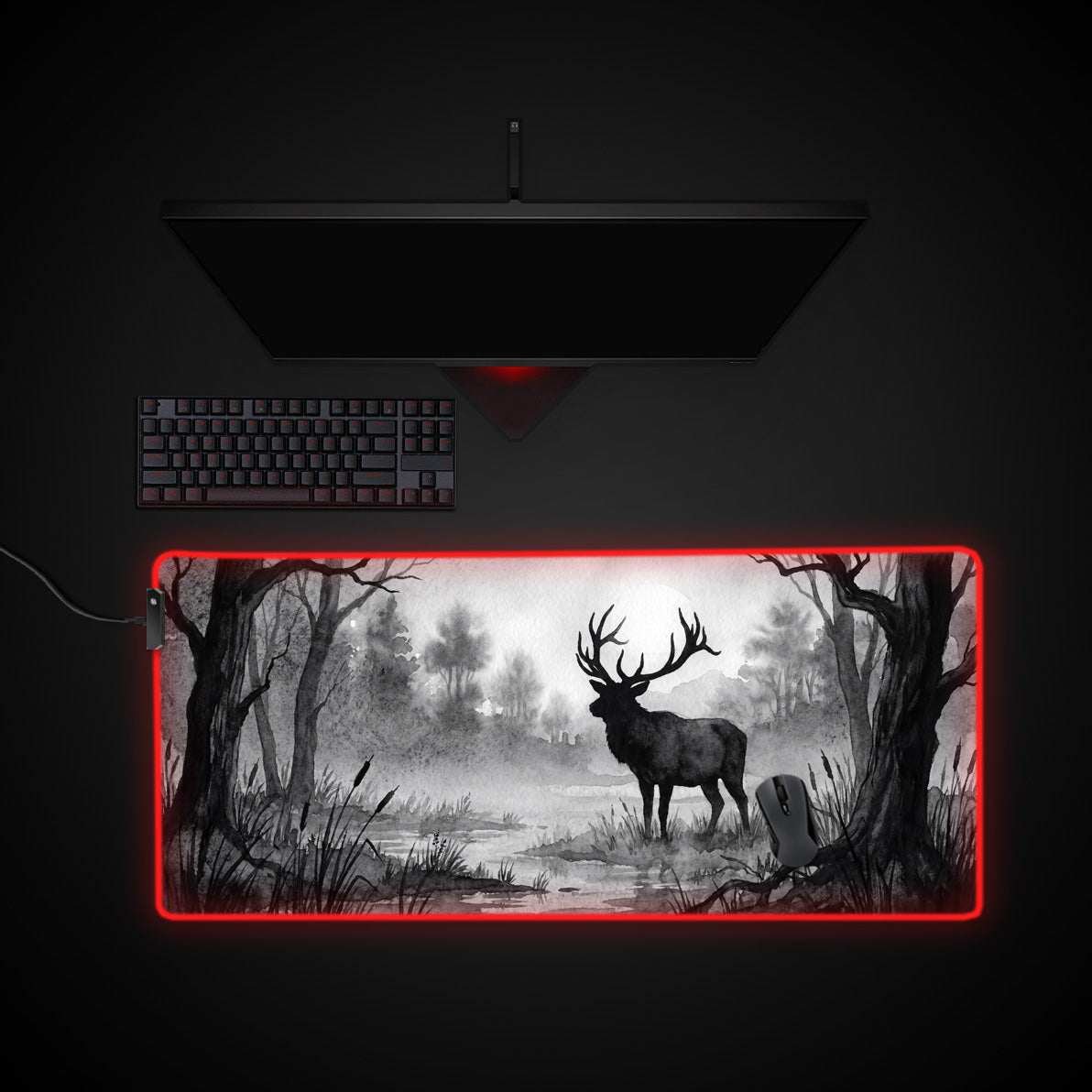 Monochrome Stag desk mat with RGB edge lighting