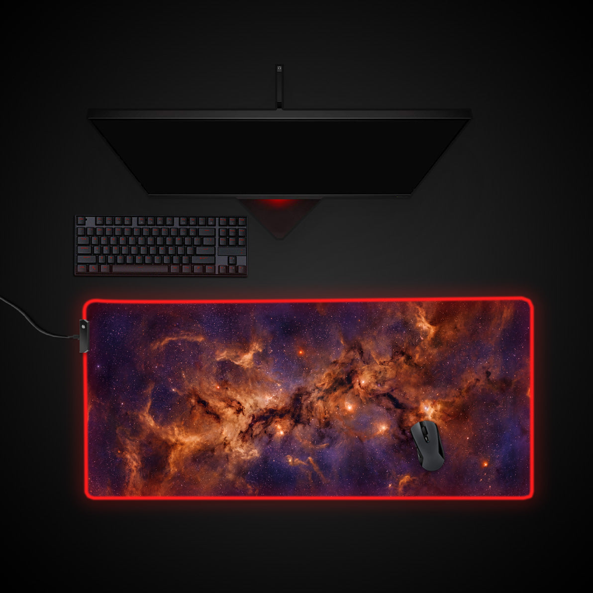 Fiery Nebula desk mat with RGB edge lighting
