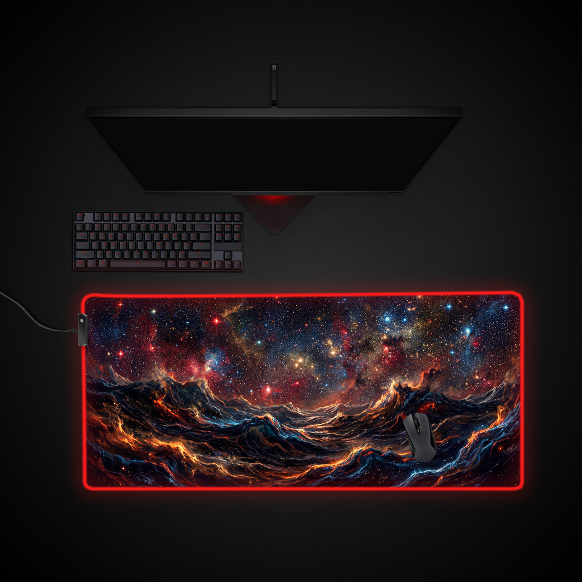 Cosmic Tides desk mat with RGB edge lighting