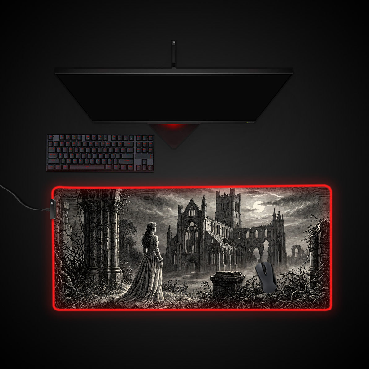 Gothic Abbey Ruins desk mat with RGB edge lighting