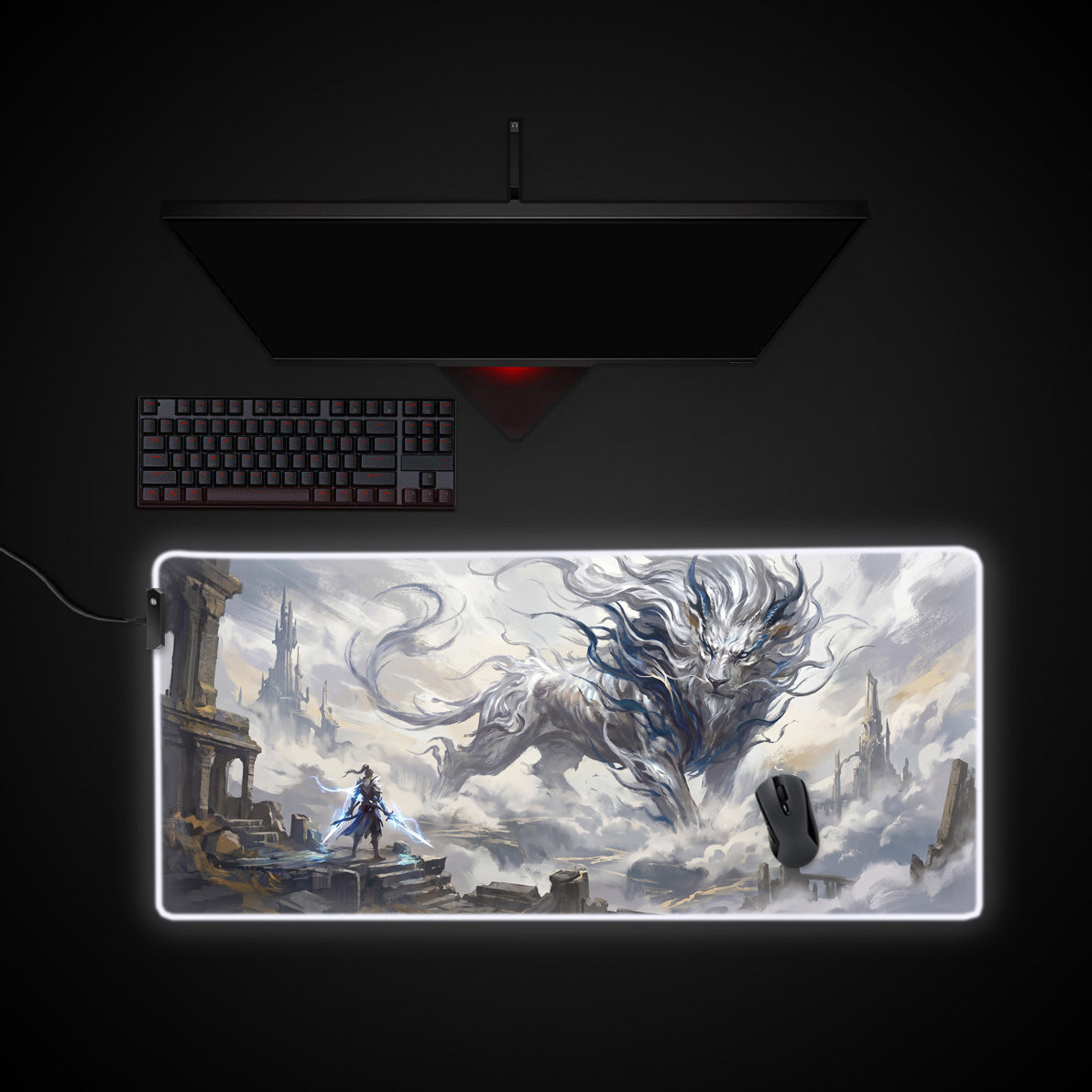 Ethereal Lion desk mat with RGB edge lighting