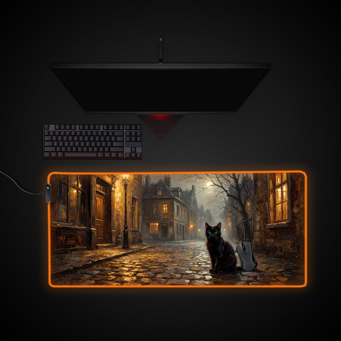 Midnight Alley Cat desk mat with RGB edge lighting