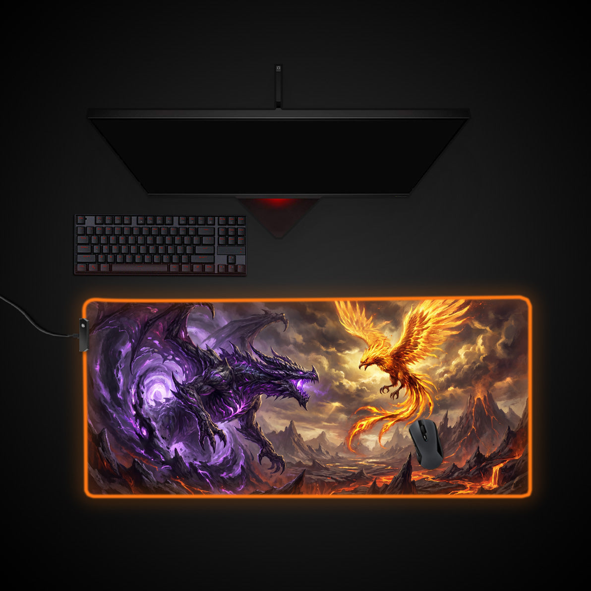 Dragon vs Phoenix desk mat with RGB edge lighting