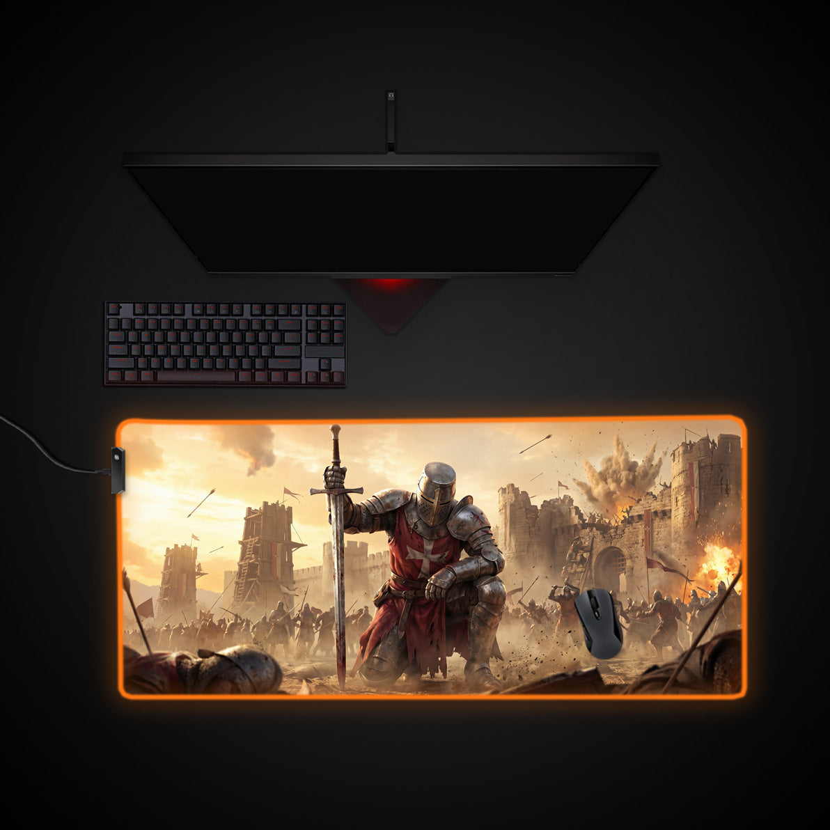 Knight's Resolve desk mat with RGB edge lighting