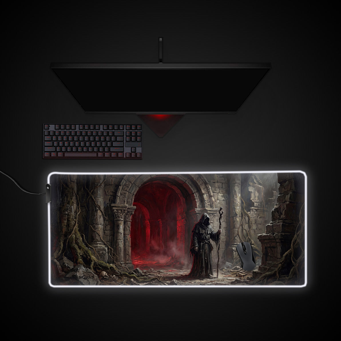 Crimson Sanctum desk mat with RGB edge lighting