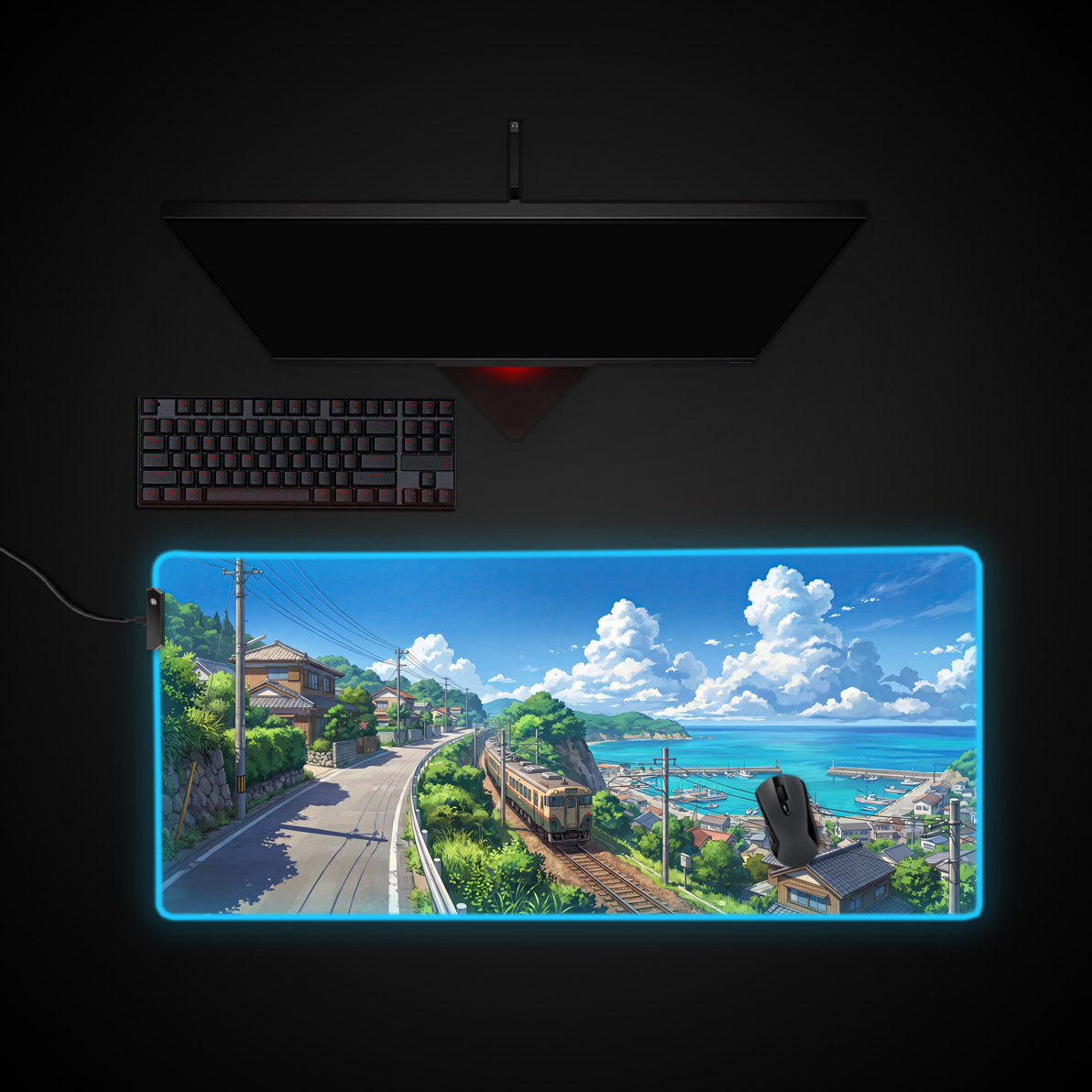 Coastal Train Journey desk mat with RGB edge lighting