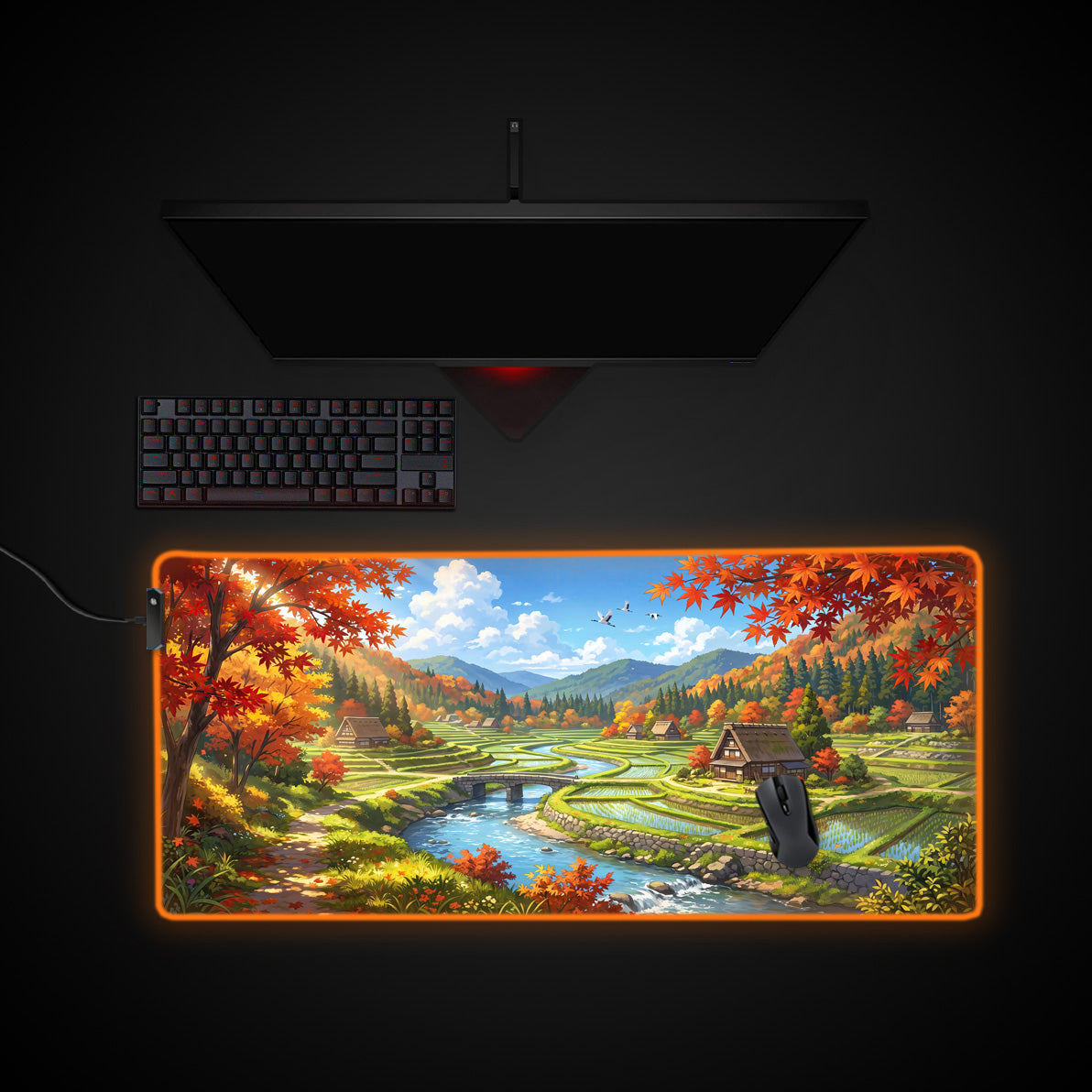 Autumn Village desk mat with RGB edge lighting