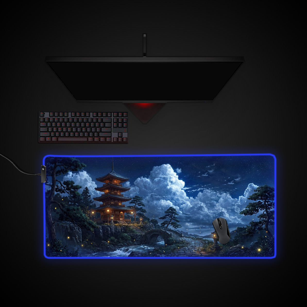 Midnight Pagoda desk mat with RGB edge lighting