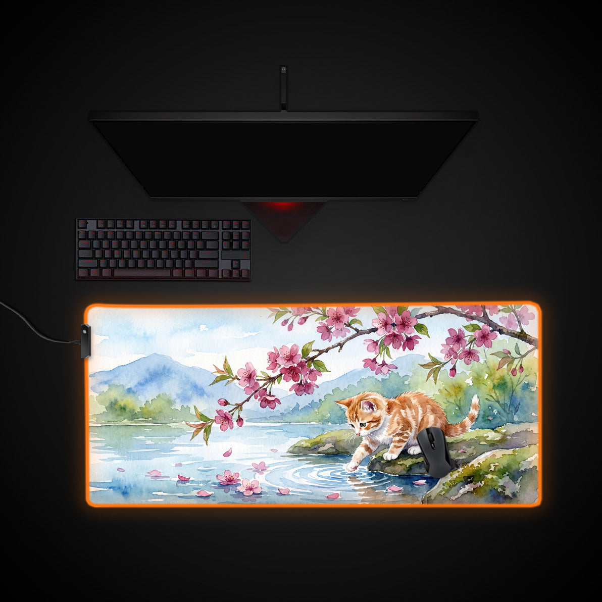 Sakura Kitten desk mat with RGB edge lighting