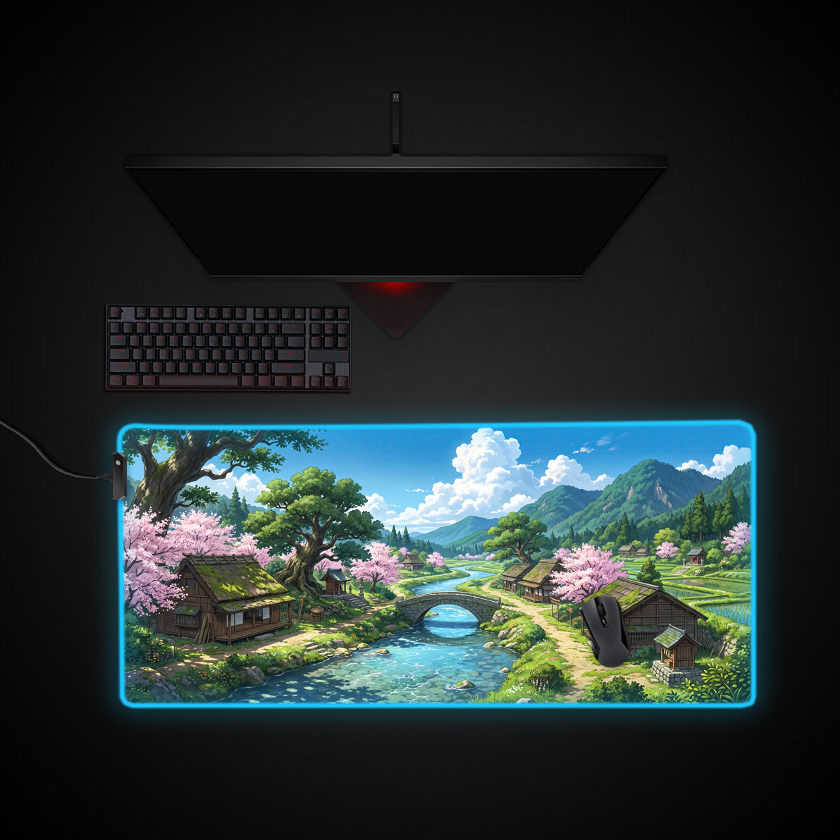 Sakura River Village desk mat with RGB edge lighting