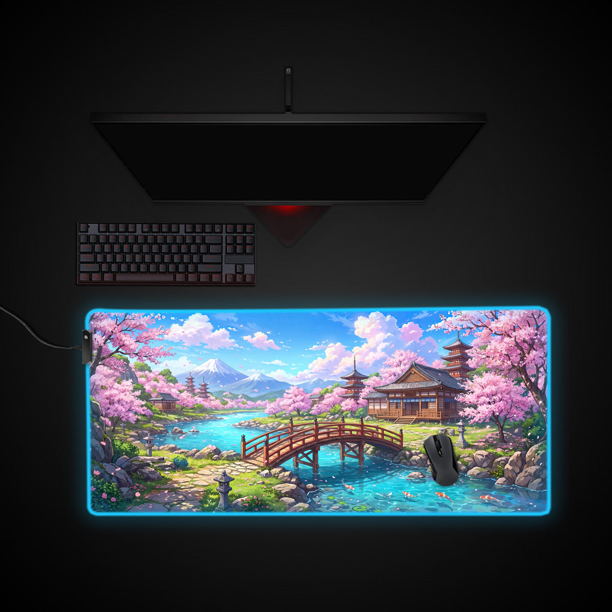 Springtime Fuji desk mat with RGB edge lighting