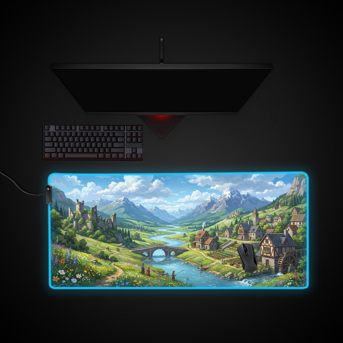 Fantasy Village desk mat with RGB edge lighting