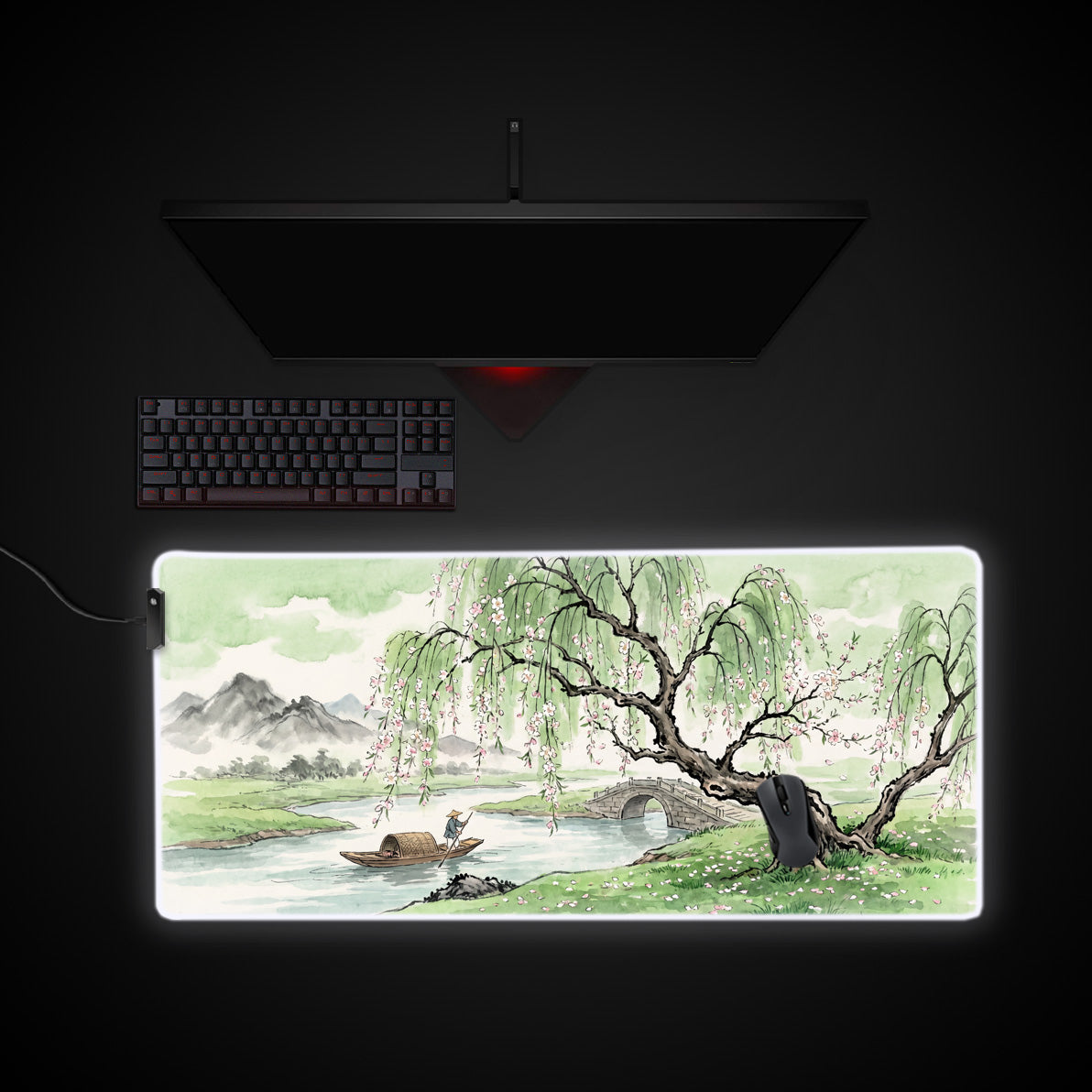 Spring Willow River desk mat with RGB edge lighting
