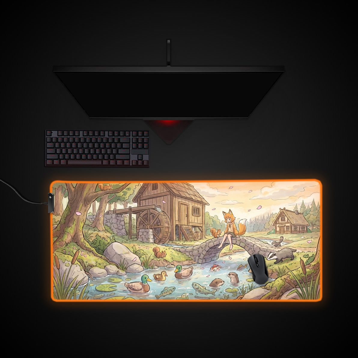 Kitsune River Retreat desk mat with RGB edge lighting