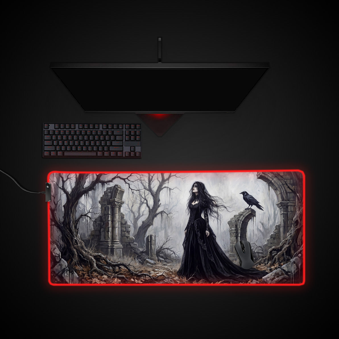Gothic Raven Ruins desk mat with RGB edge lighting