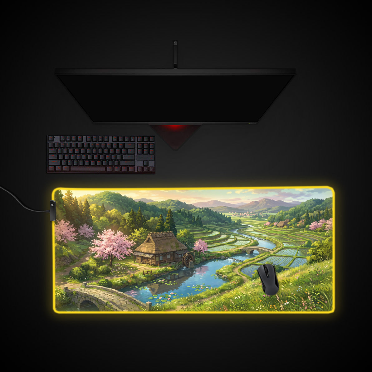 Spring Sakura Valley desk mat with RGB edge lighting