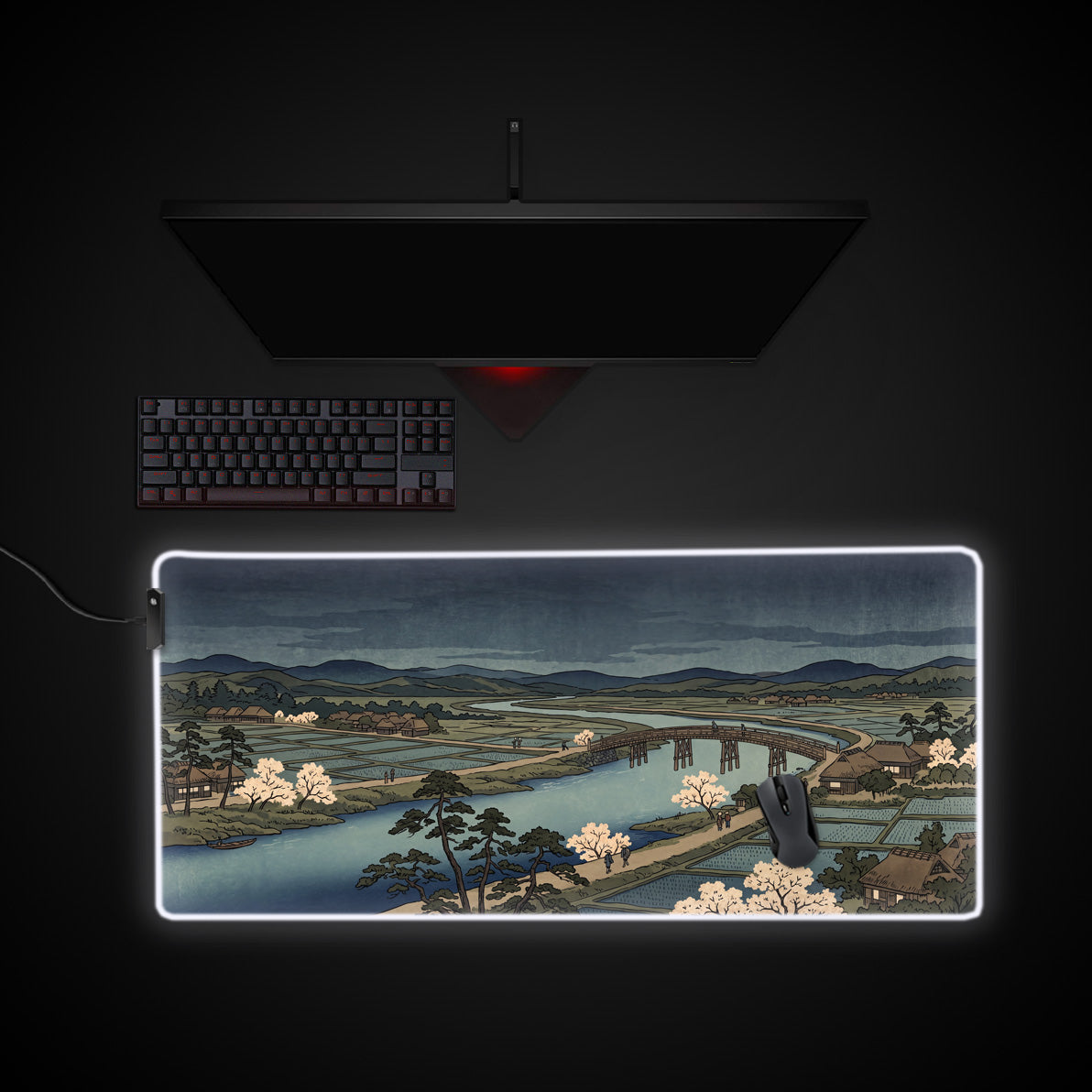 Sakura River Bridge desk mat with RGB edge lighting