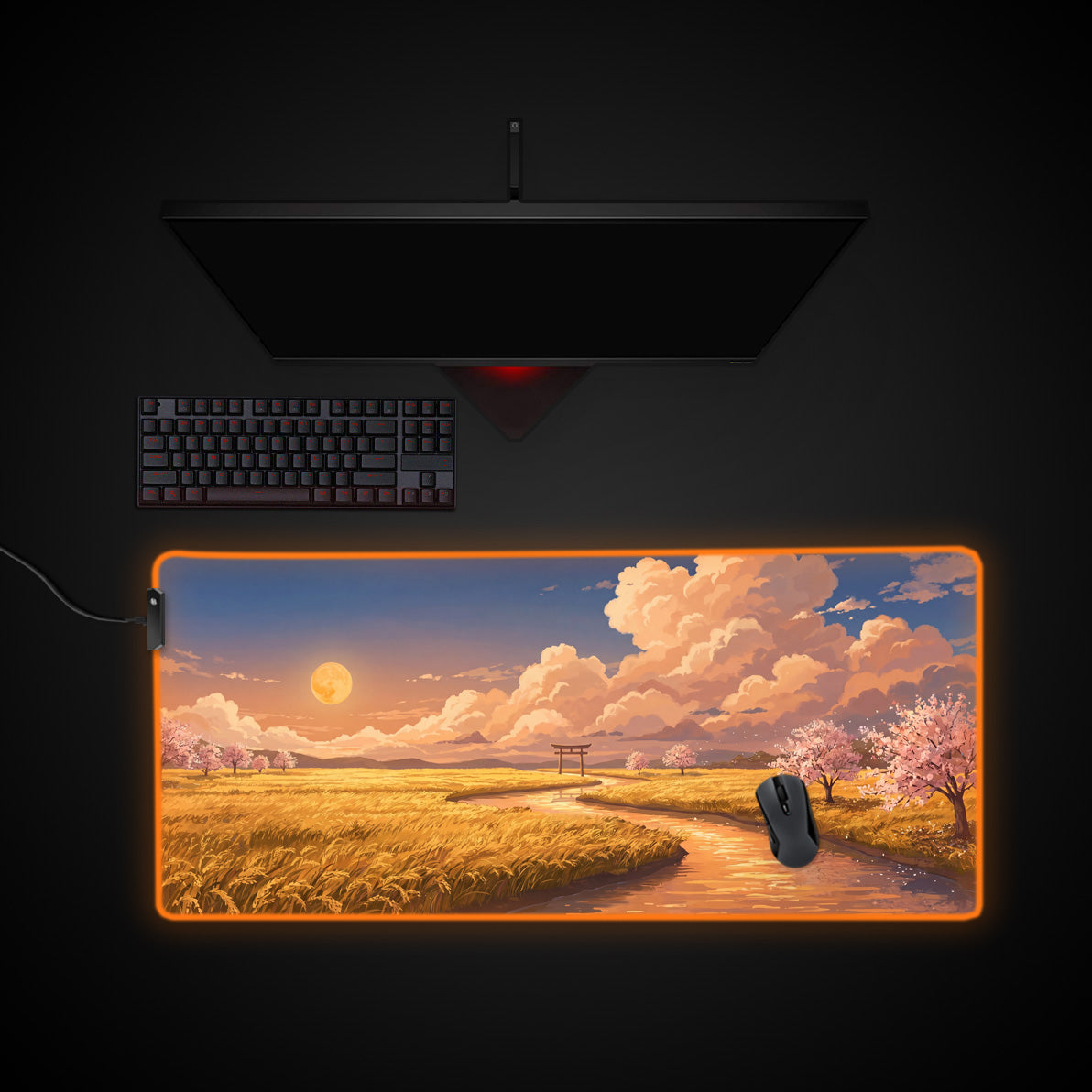 Golden Sakura River desk mat with RGB edge lighting