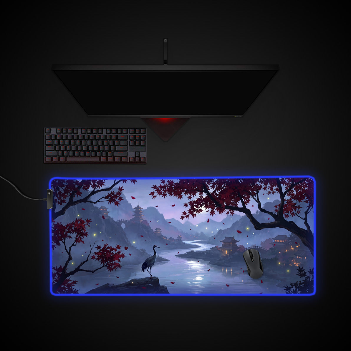 Twilight Crane desk mat with RGB edge lighting