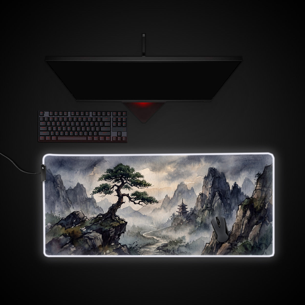 Ink Wash Pagoda desk mat with RGB edge lighting